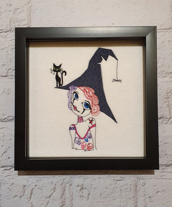 Edith Witch & Cat Embroidered Framed Picture