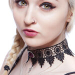 Lucretia Chains & Cross Black Lace Choker with Purple