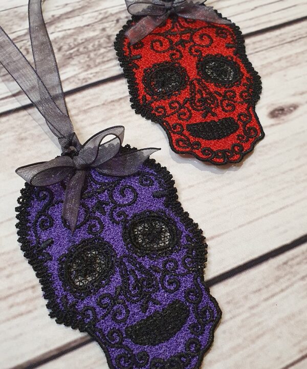 Purple or Red Lace Sugarskull Embroidered Hanging Decoration