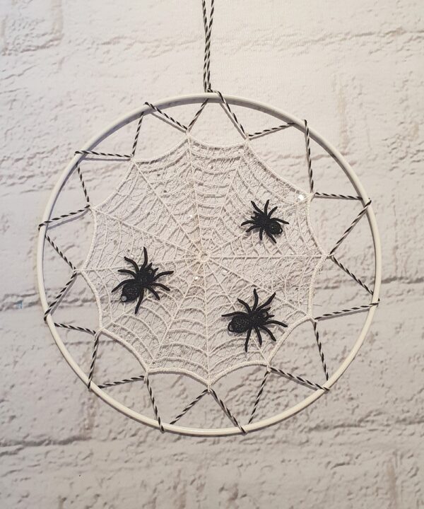 Spider Trio Embroidered Lace Cobweb 20cm Gothic Hoop Art Frame