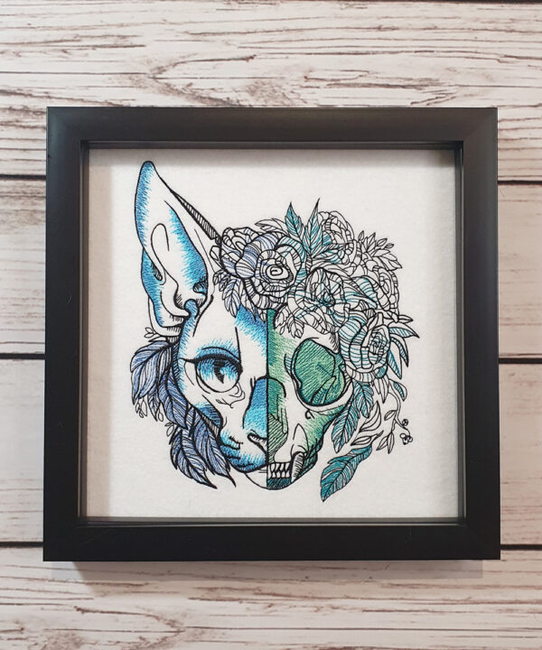 Floral Sugarskull Cat Embroidered Framed Gothic Picture