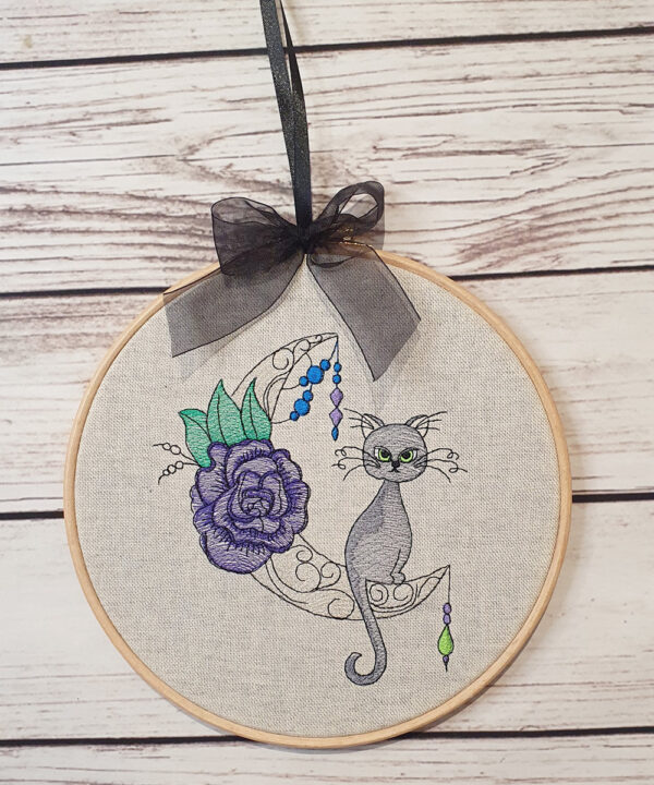 Grumpy Moon Cat Embroidered Gothic Hoop Art Frame