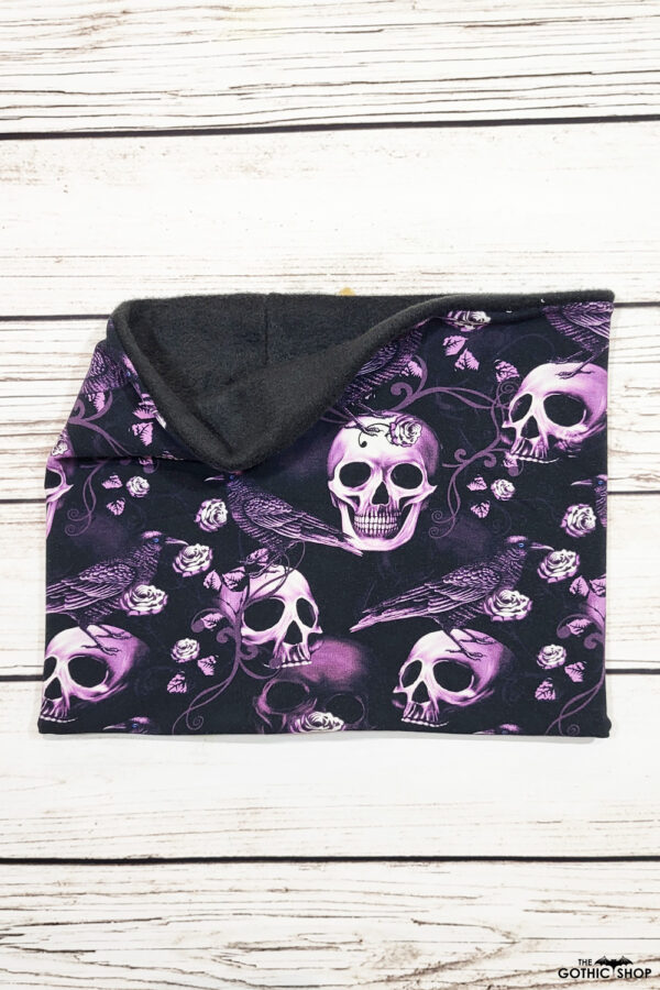 Rose Raven Purple Gothic Print Black Fleece Snood Neck Warmer