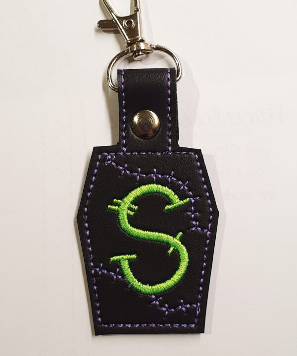Frankie Initial Coffin Personalised Letter Gothic Keyring | Bag Tag