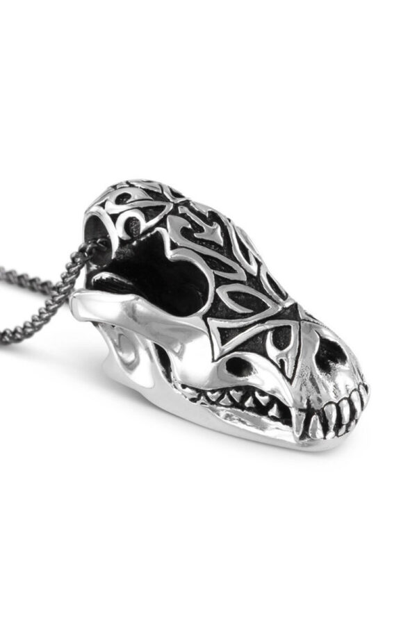 (product) Ornate Wolf Skull Antique Silver Necklace by Lost Apostle