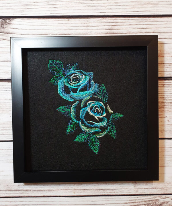 Teal Midnight Roses Embroidered Framed Gothic Picture
