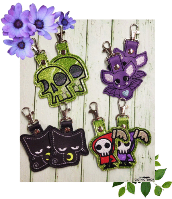 Gothic keyrings including skull cats and vbats