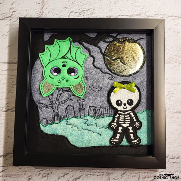 bat & cute skeleton gothic halloween embroidered framed picture
