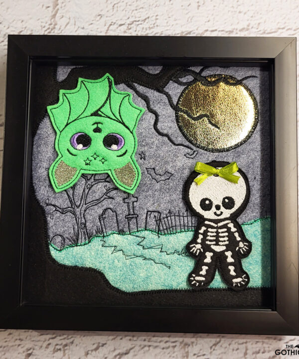 bat & cute skeleton gothic halloween embroidered framed picture