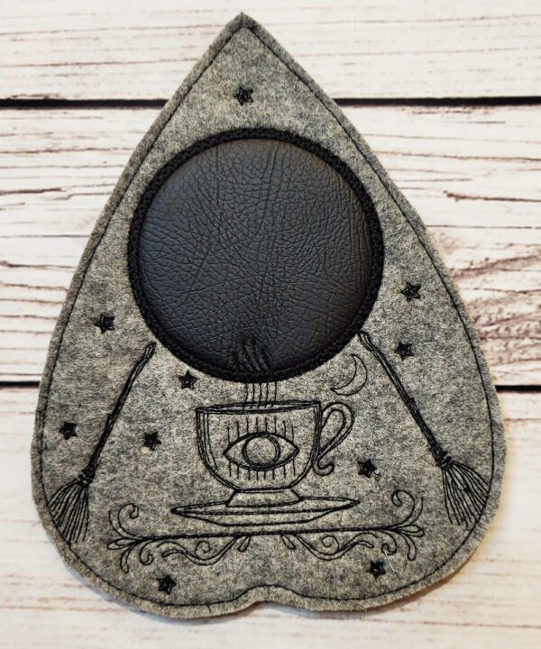 Planchette Shaped Grey Felt Witch's Brew Embroidered Mug Rug