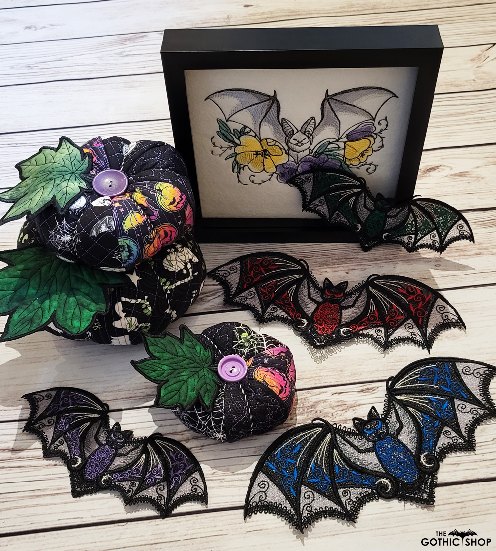 Pumpkins, lace bats and bat picture for gothic home and Halloween