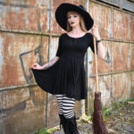 Gothic model Venusmantrap wears the Calliope blcack gothic dress for Halloween photoshoot.