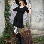 Gothic model Venusmantrap wears the Calliope blcack gothic dress for Halloween photoshoot.