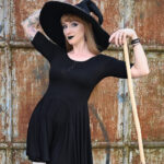 Gothic model Venusmantrap wears the Calliope blcack gothic dress for Halloween photoshoot.