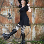 Gothic model Venusmantrap wears the Calliope blcack gothic dress for Halloween photoshoot.