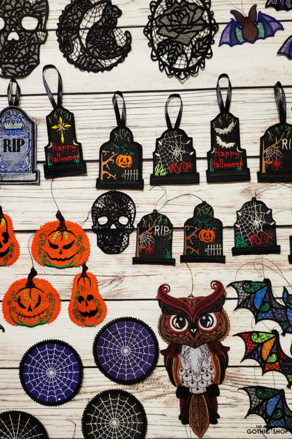 Tombstone, pumpkin and bat gothic halloween blace lace hanging decorations