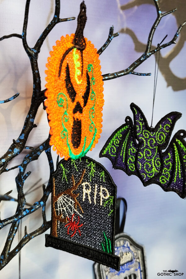 Tombstone, pumpkin and bat gothic halloween blace lace hanging decorations