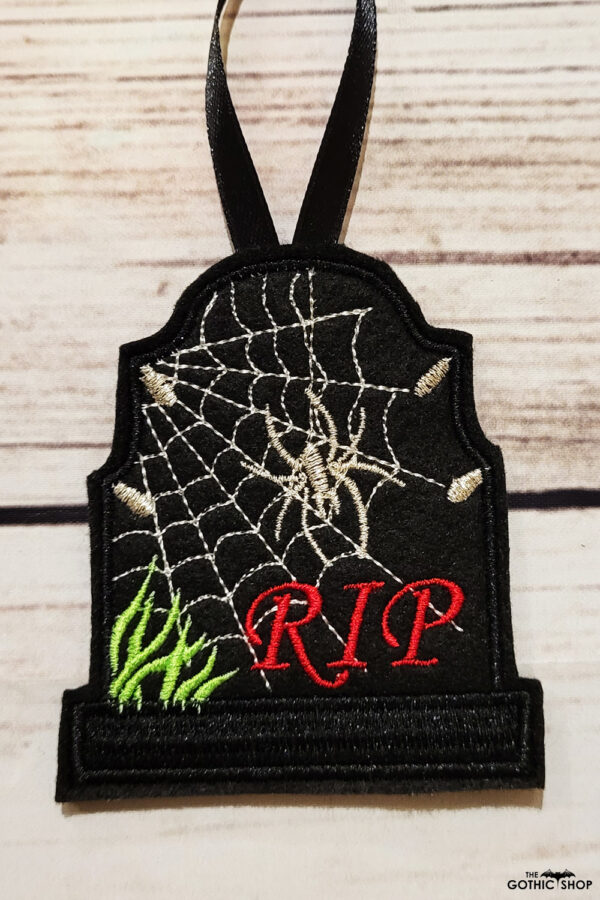 Tombstone and silver spider and cobweb Gothic Halloween hanging decorations