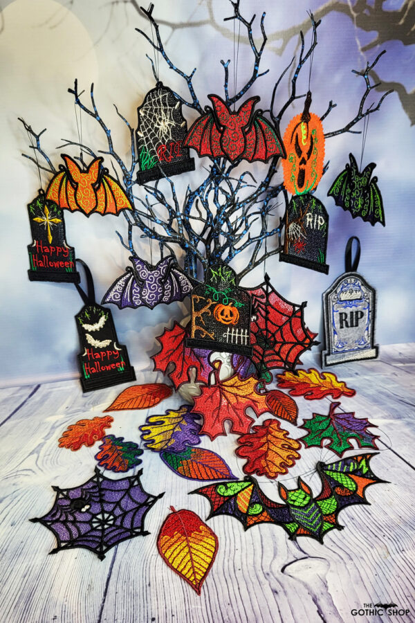 Swirly autumn bat lace hanging gothic halloween decoration.