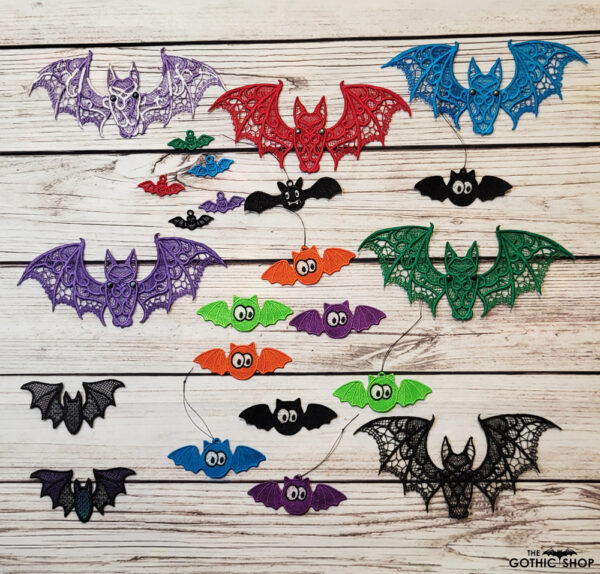 Selection of machine embroidered lace bat gothic motifs