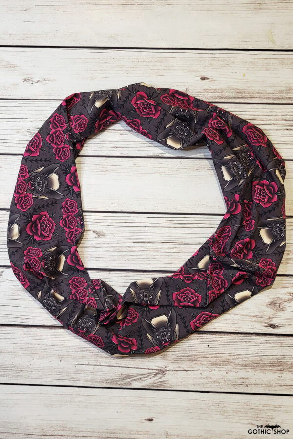 Vampire bats and red roses gothic print infinity scarf