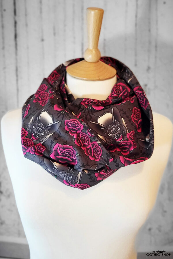 Vampire bats and red roses gothic print infinity scarf