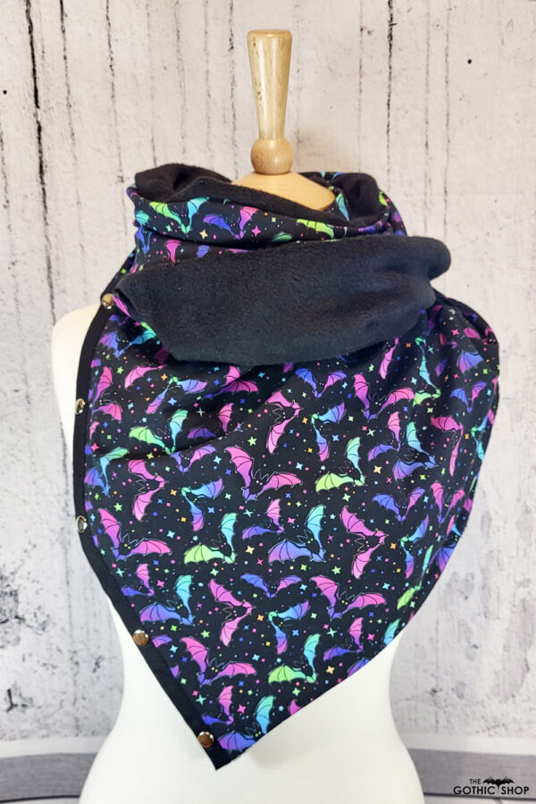 Neon Flying Bats & Black Fleece Large Multifunctional Snap Gothic Scarf Shawl