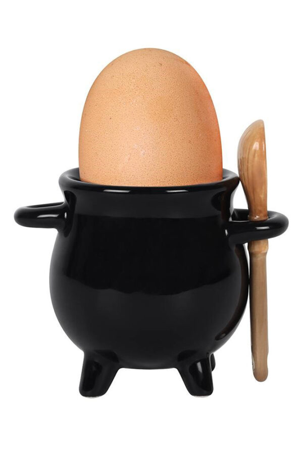 Cauldron Gothic Egg Cup with Wooden Broom Spoon