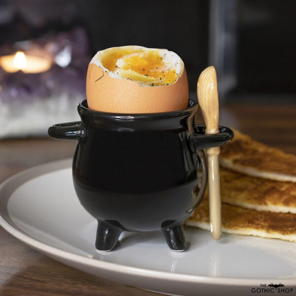 Cauldron Gothic Egg Cup with Wooden Broom Spoon