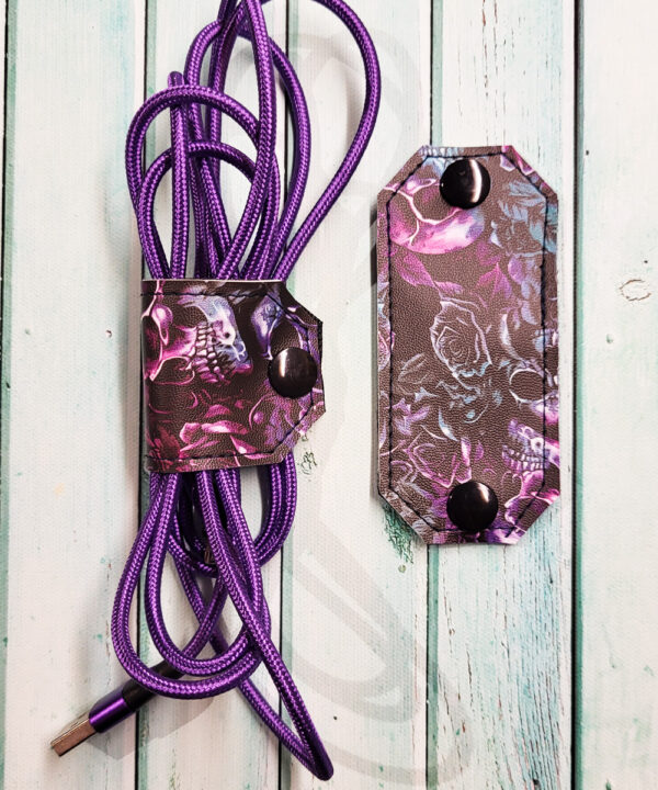 Purple Skull Roses Cable Tidy Strap / Earphone Holder / Cord Keeper