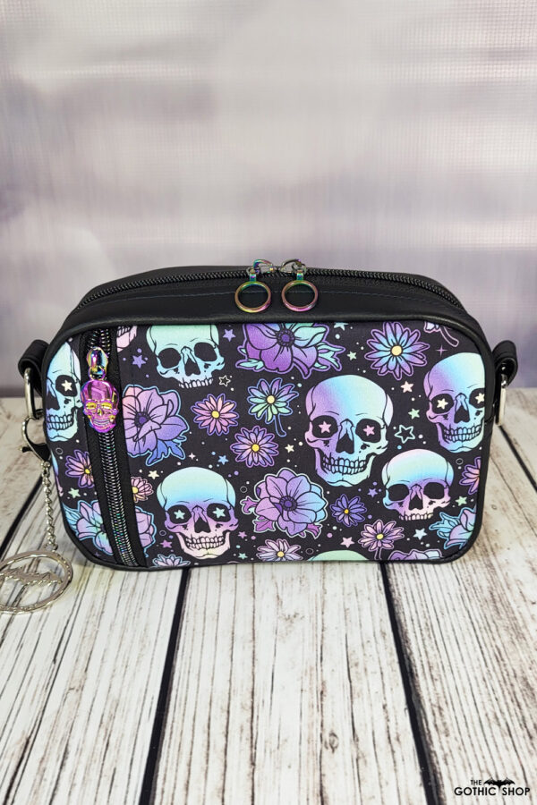 Mumina Floral Skulls Zip Pocket Front Small Crossbody Gothic Bag