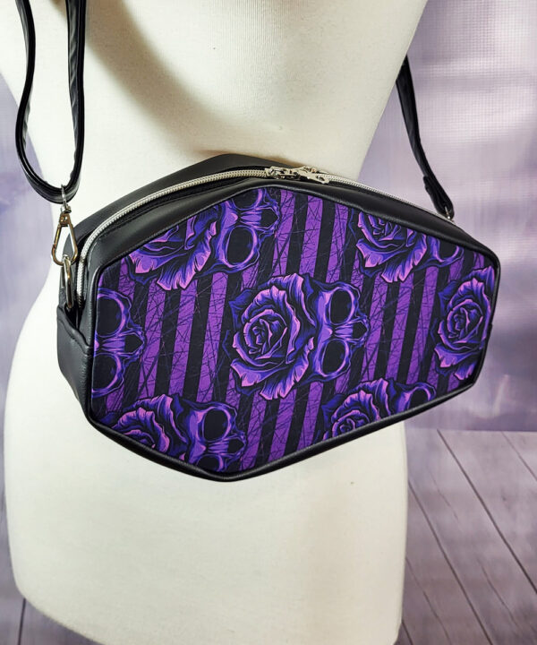 Skull Rose Purple Stripe Gothic Print Coffin Shaped Crossbody Bag