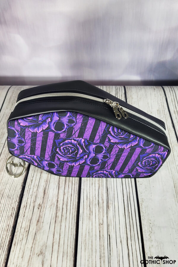 Skull Rose Purple Stripe Gothic Print Coffin Shaped Crossbody Bag