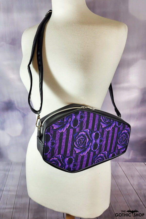Skull Rose Purple Stripe Gothic Print Coffin Shaped Crossbody Bag
