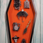 Orange Velvet Lined Coffin Trinket Box and enamel pins