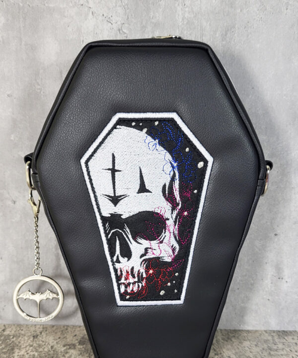 Meceria Embroidered Skull Black Faux Leather Coffin Shaped Crossbody Bag
