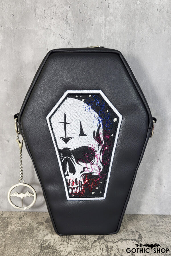 Meceria Embroidered Skull Black Faux Leather Coffin Shaped Crossbody Bag