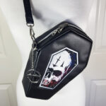 Meceria Embroidered Skull Black Faux Leather Coffin Shaped Crossbody Bag