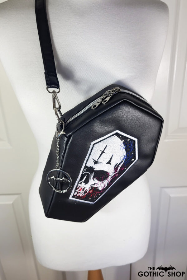Meceria Embroidered Skull Black Faux Leather Coffin Shaped Crossbody Bag