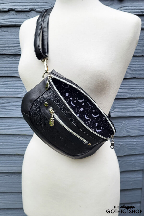 Clamshell Black Floral Vinyl Sling Crossbody Bag with Bats Lining