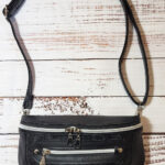 Clamshell Black Floral Vinyl Sling Crossbody Bag with Bats Lining