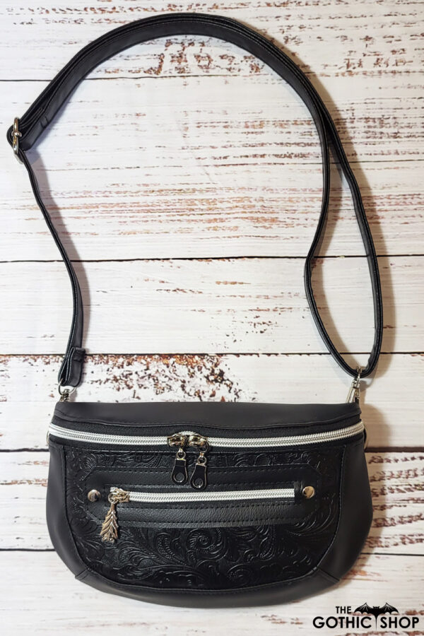 Clamshell Black Floral Vinyl Sling Crossbody Bag with Bats Lining