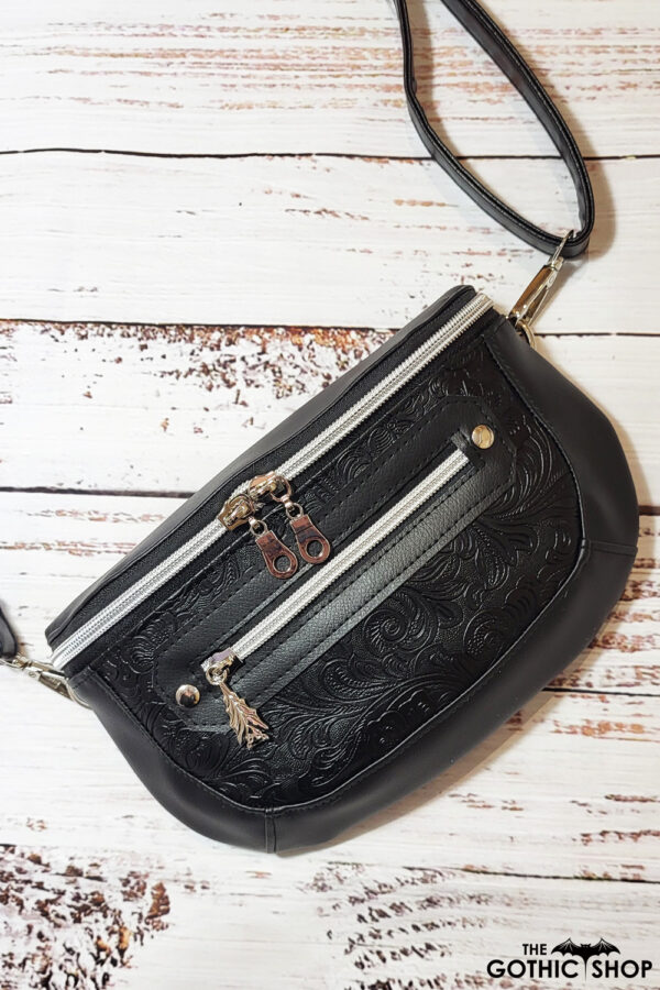 Clamshell Black Floral Vinyl Sling Crossbody Bag with Bats Lining
