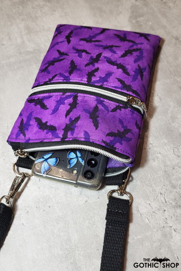 Phoebe Purple and Black Bats Little Gothic Bag for Mobile Phone