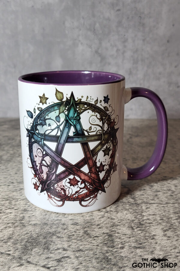 Pentagram & Witch Gothic Print Ceramic Mug with Purple Handle