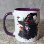 Pentagram & Witch Gothic Print Ceramic Mug with Purple Handle