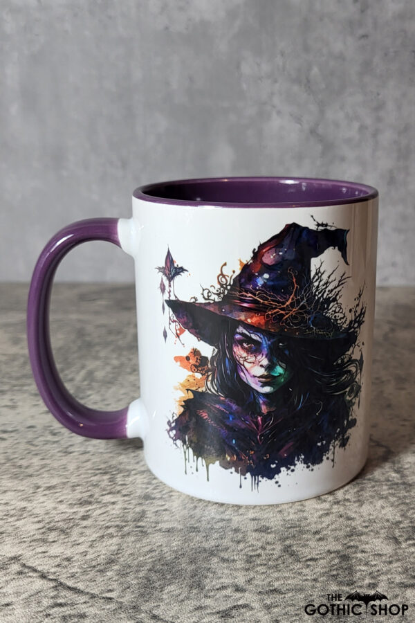 Pentagram & Witch Gothic Print Ceramic Mug with Purple Handle