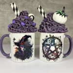 Pentagram & Forest Witch Gothic Print Ceramic Mug with Purple Handle