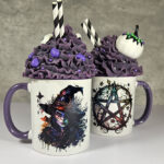 Pentagram & Forest Witch Gothic Print Ceramic Mug with Purple Handle