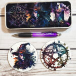 Witch Pentagram Candle Gothic Print Rectangular Pencil Tin and coasters